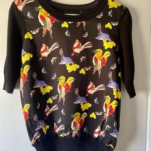 Bird Print Silk Front Short Sleeve Sweater Size S (No Tag) | 100% Silk Panel Top